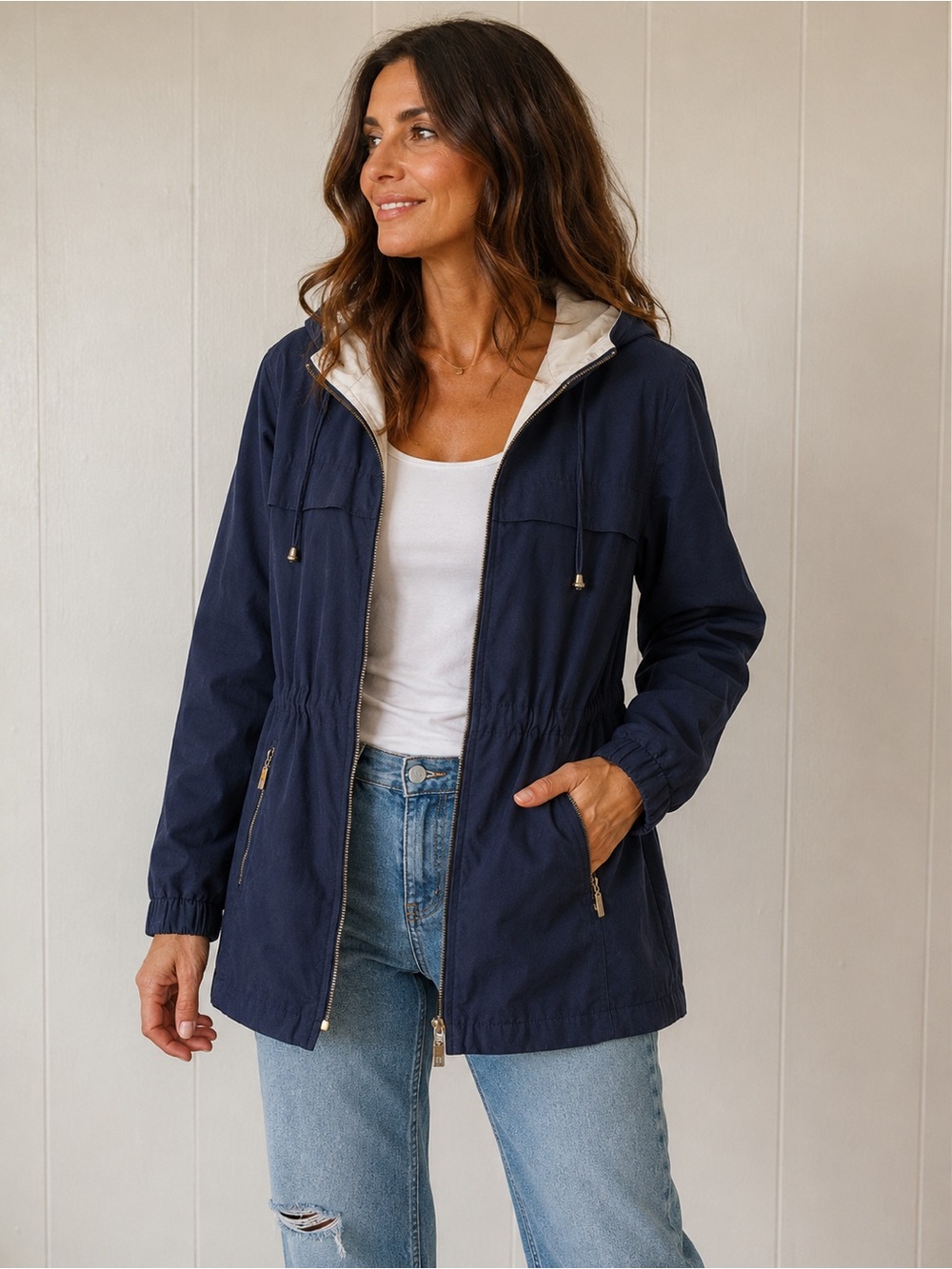 Talbots Navy Hooded Anorak Jacket Lightweight Raincoat Preppy Coastal Medium